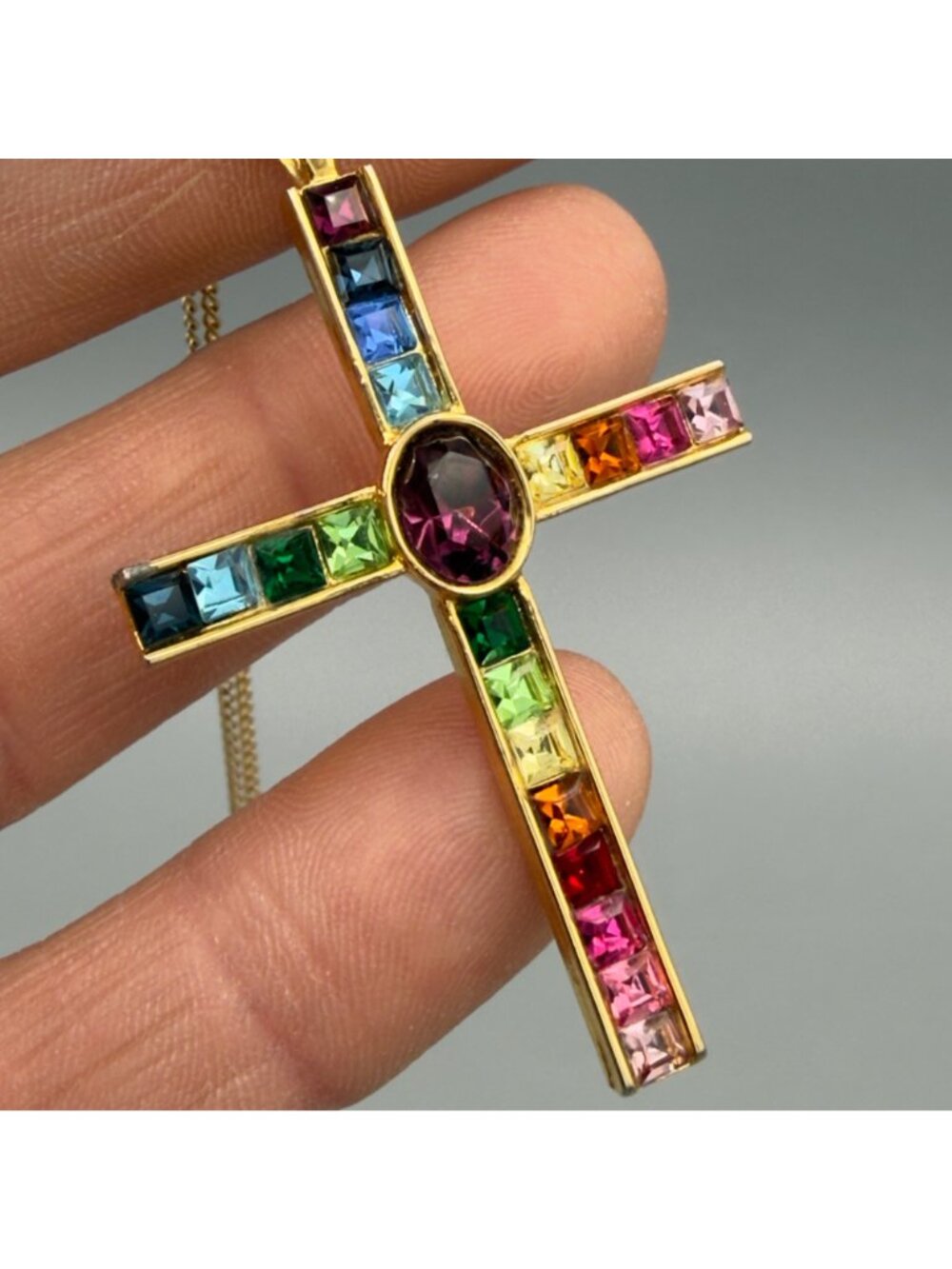 Vintage P S Co 1998 Gold Tone Multicolor Crystal Cross Pendant Necklace Rainbow - Picture 13 of 15